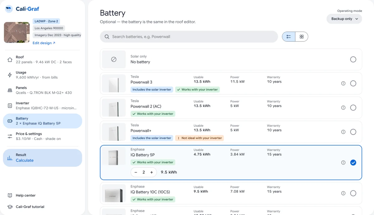 The Battery section in Cali-Graf on a home with Enphase IQ8HC microinverters: Powerwall 3 marked Includes the solar inverter and Works with your inverter, alongside other batteries and their marks