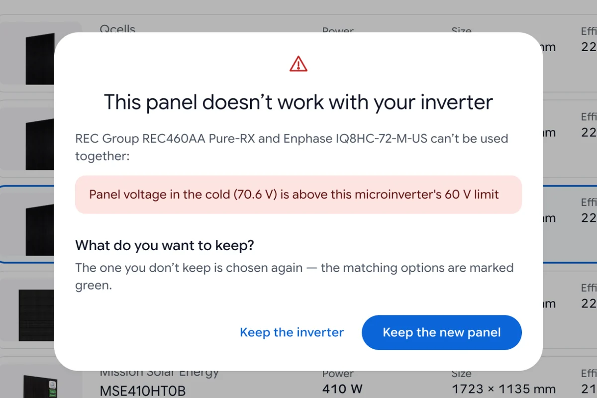 Cali-Graf's conflict prompt: a panel's cold voltage of 70.6 V is above an Enphase IQ8HC microinverter's 60 V limit, so the two can't be used together