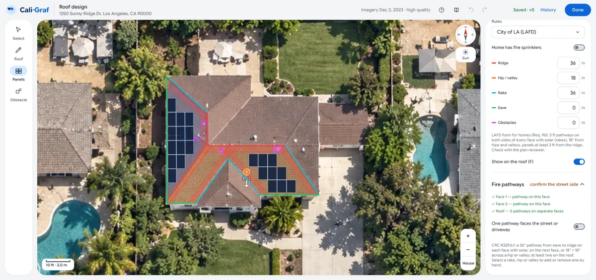 The Fire pathways panel in Cali-Graf: each face with a pathway, the roof with five pathways on separate faces, the prompt to confirm the street side, and the switch One pathway faces the street or driveway