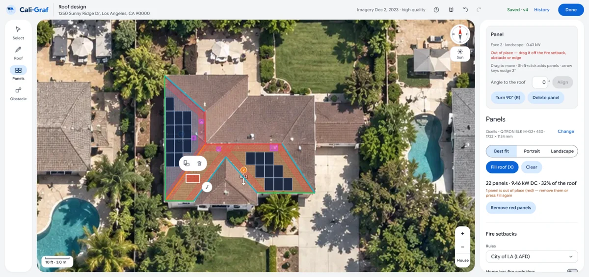 Cali-Graf roof editor with one panel dragged into a fire setback and shown in red; the side panel says it is out of place and offers Remove red panels