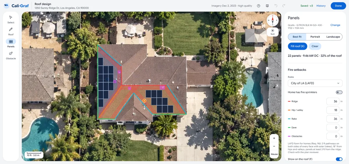 Cali-Graf roof editor on a City of Los Angeles demo home: hatched fire setbacks drawn from the edge types, panels placed outside them, and the LAFD widths in the side panel
