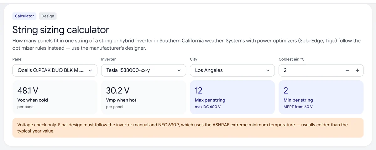 Cali-Graf's string sizing calculator: panel, inverter, city and coldest air temperature, with the cold Voc and hot Vmp per panel and the maximum and minimum panels per string