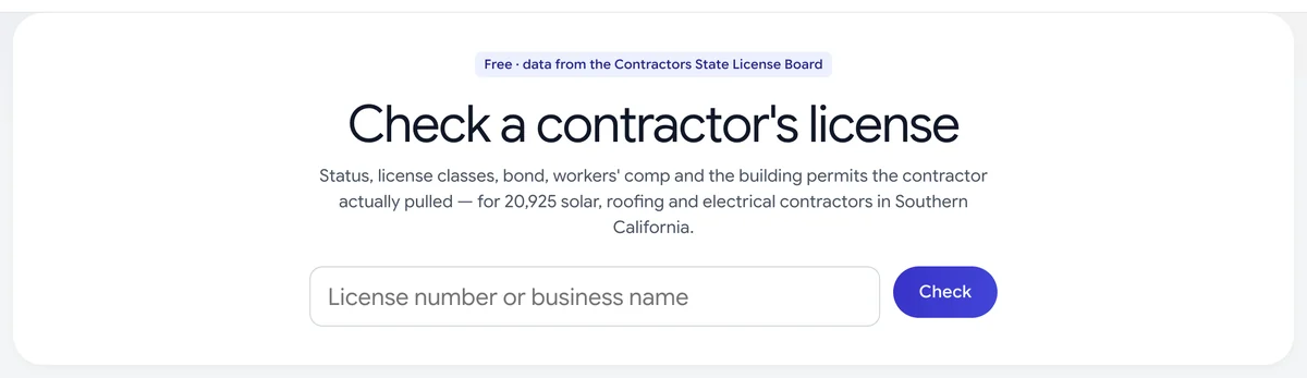 Cali-Graf's free license check: a search box for a license number or business name, with data from the Contractors State License Board