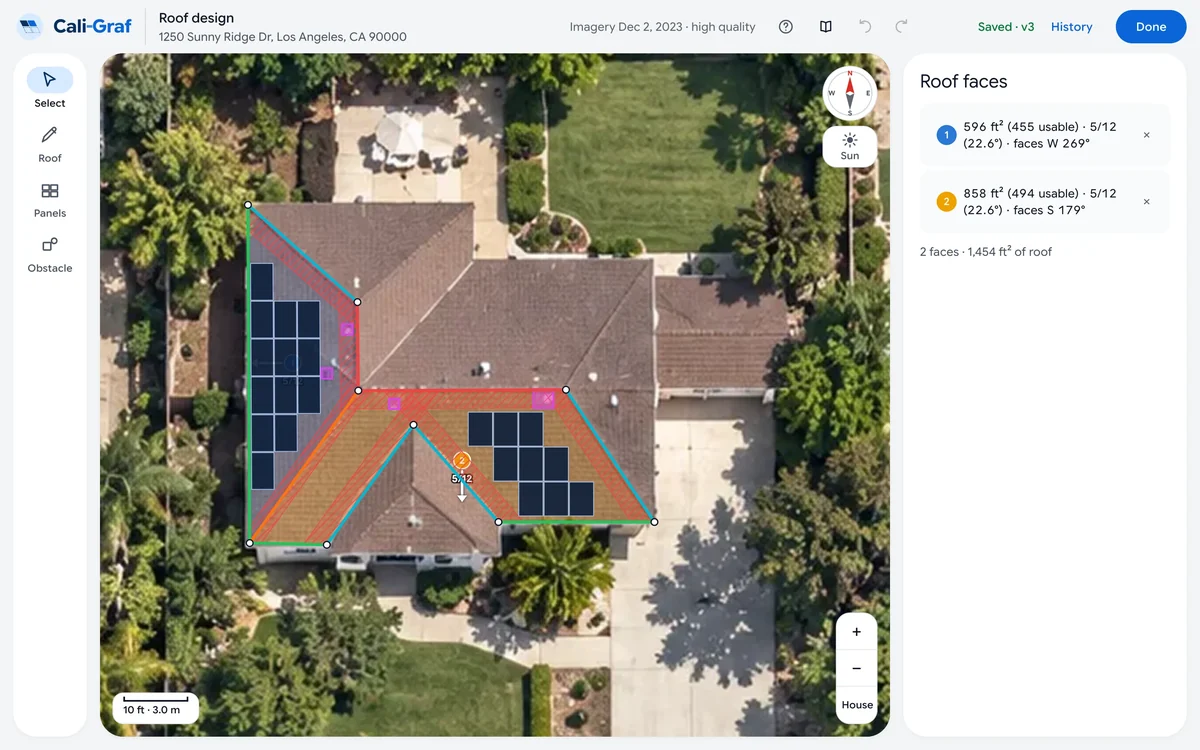 Cali-Graf roof editor with roof faces traced on an aerial image, red fire setbacks and panels placed around them