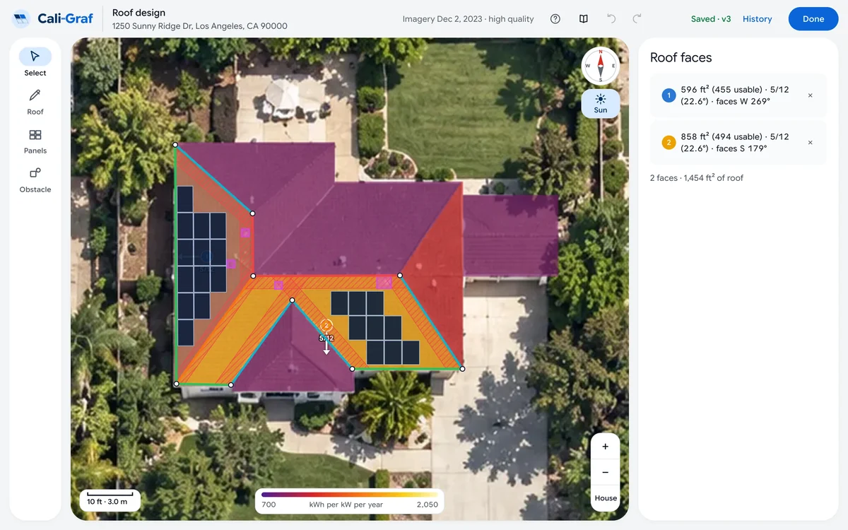 Cali-Graf sun map coloring a roof by yearly sunlight, from yellow for the sunniest spots to purple for shaded ones