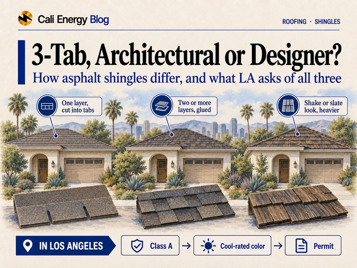 Watercolor illustration of three identical Southern California houses roofed in flat 3-tab shingles, dimensional architectural shingles and thick shake-look designer shingles, with a sample of each type in front