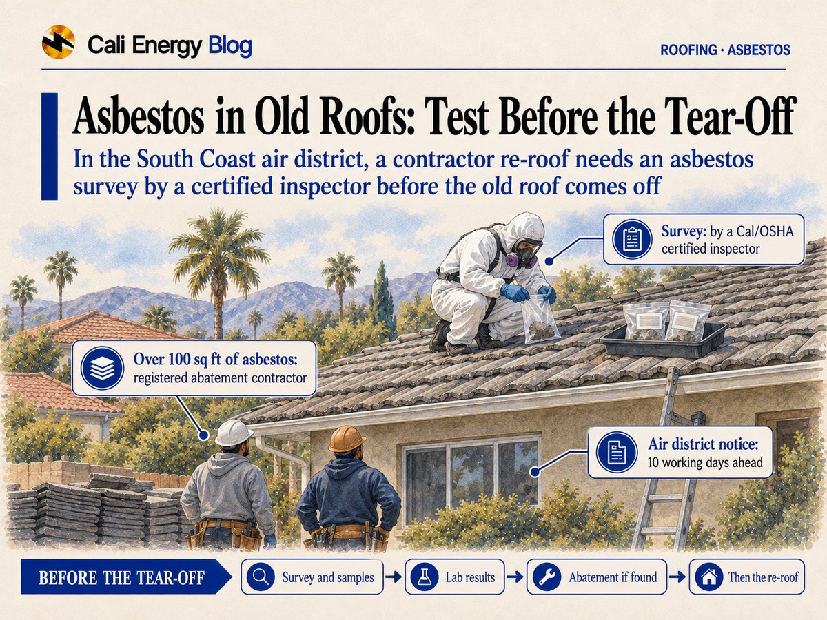 Watercolor-style illustration of a one-story Southern California house with an old gray cement-tile roof, where an inspector in white protective coveralls and a respirator bags a small roofing sample next to a tray of blank-labeled sample bags while two roofers wait below