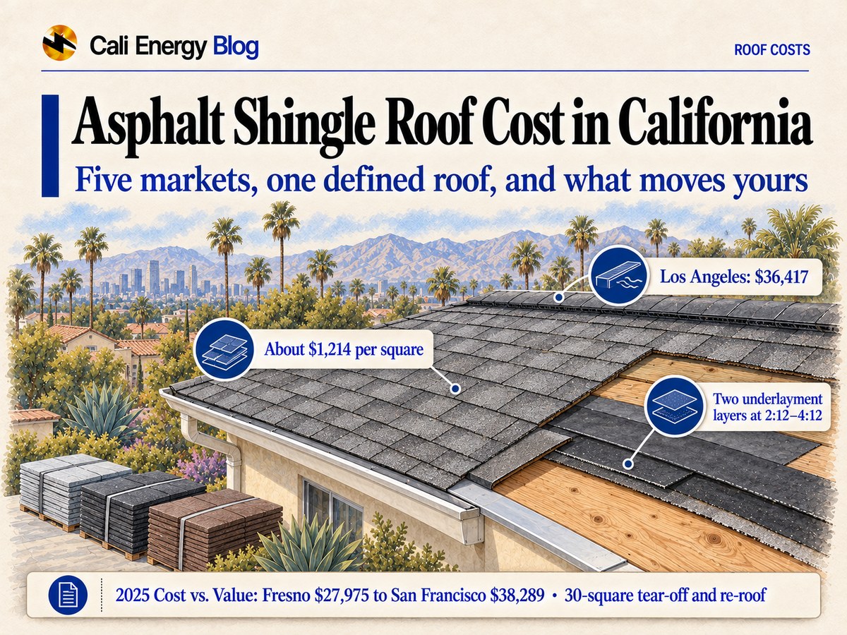 Watercolor-style illustration of a Los Angeles house roof with architectural asphalt shingles, cut away at one corner to show the wood deck, two layers of underlayment and the drip edge, with pallets of gray, charcoal and brown shingle bundles below and palms, mountains and the downtown skyline behind