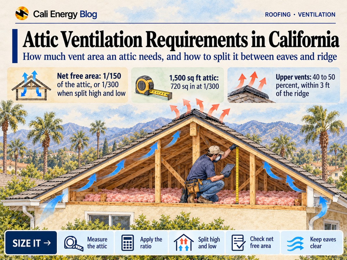 Watercolor-style illustration of a Los Angeles house with its gable roof cut away to show the attic, blue arrows of air entering at the eave vents and leaving through low-profile vents near the ridge, and a roofer measuring in the attic above the insulation, with palms and mountains behind
