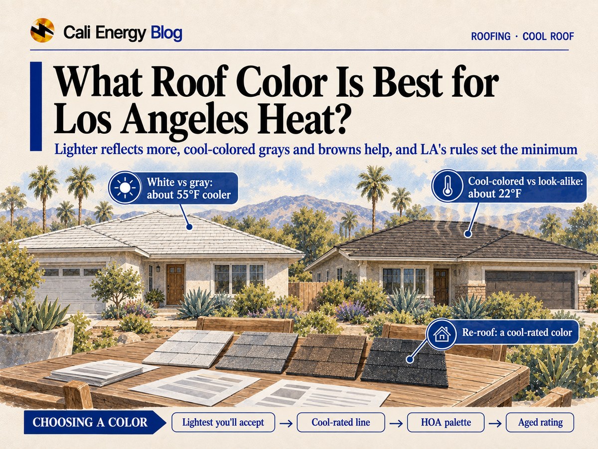 Watercolor-style illustration of two neighboring one-story Southern California houses in bright sun, one with a light shingle roof and one with a dark brown one, and a row of shingle samples from light to dark on a table in the foreground