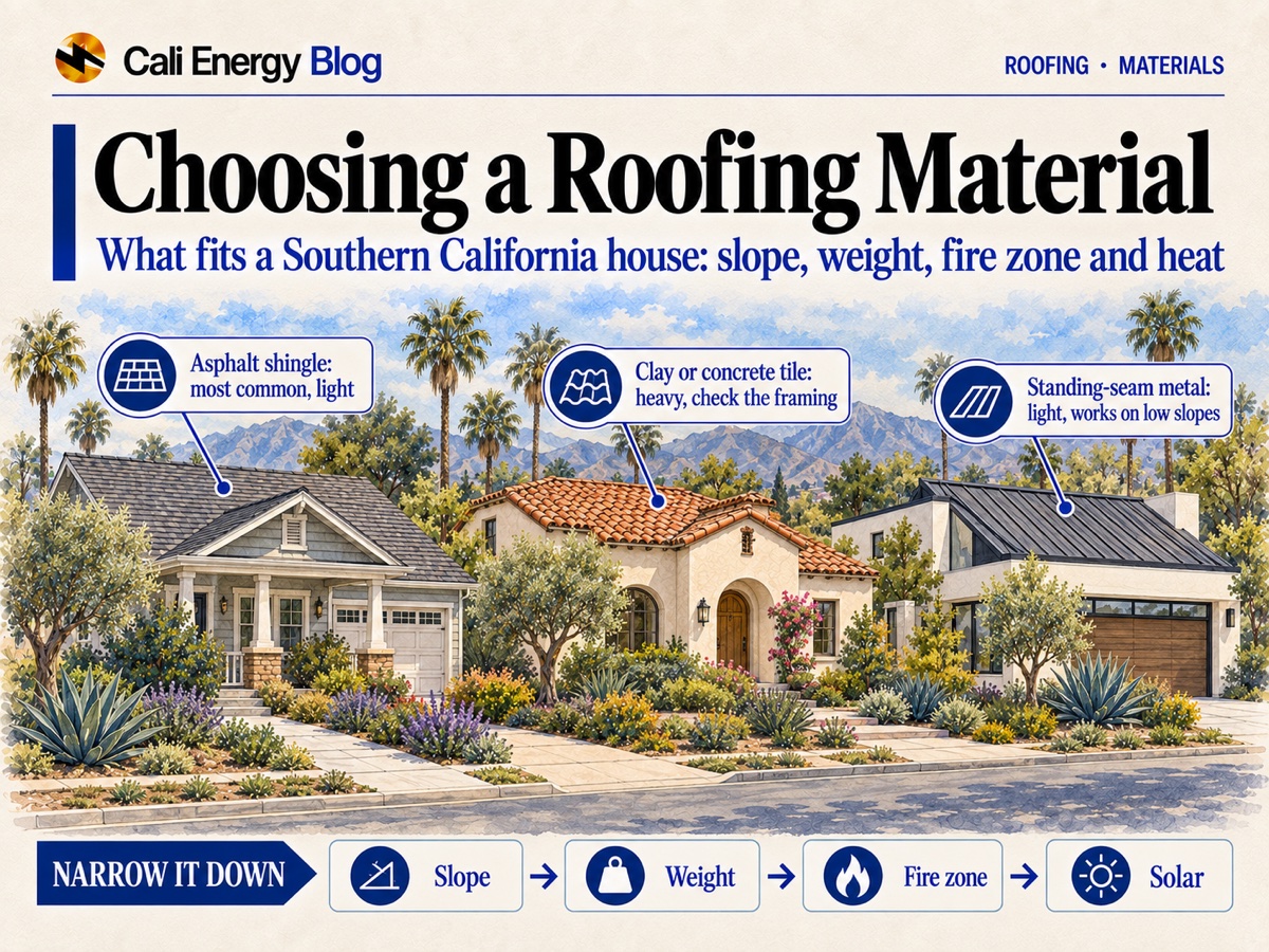 Illustration of three Southern California houses side by side, one with an asphalt shingle roof, one with clay tile and one with a standing-seam metal roof