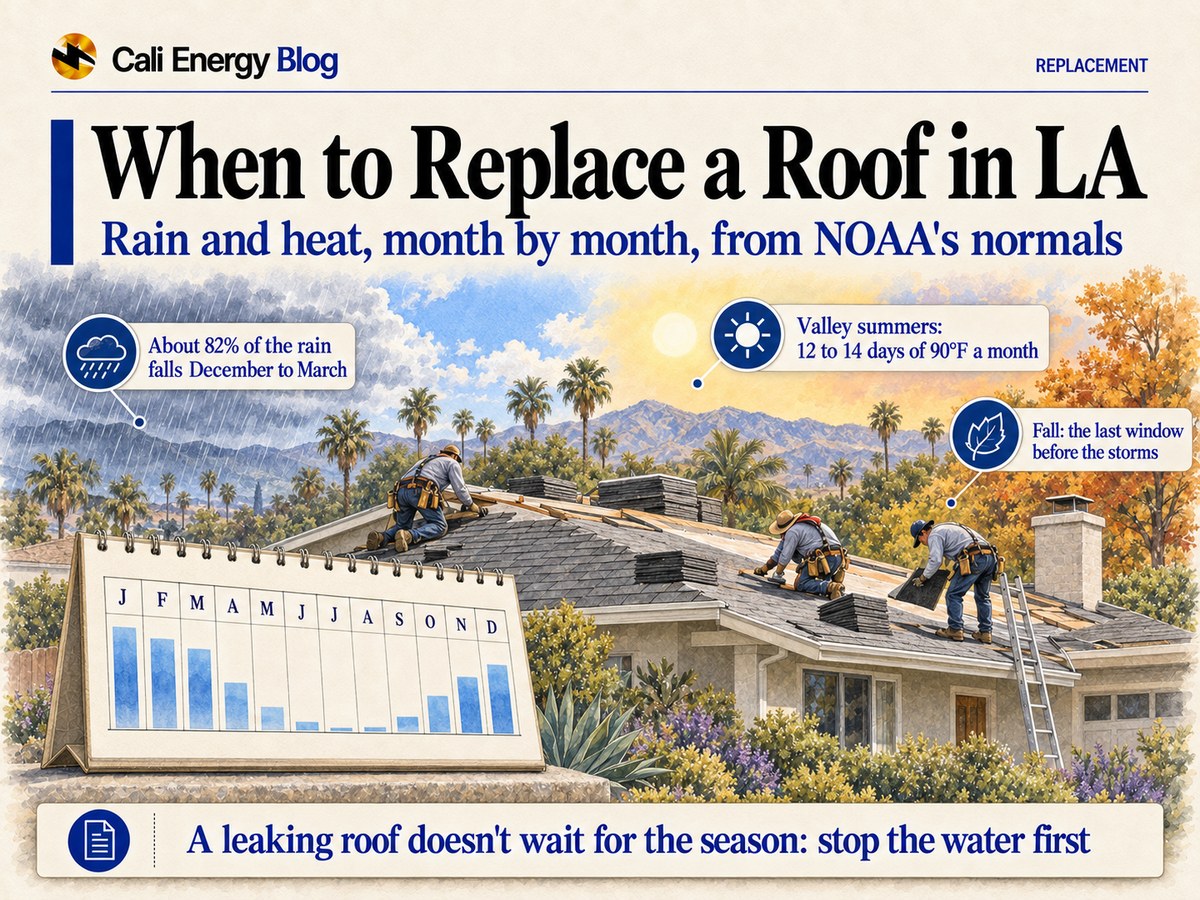 Watercolor-style illustration of roofers laying new shingles on a one-story Los Angeles house under a sky that runs from winter rain clouds through spring and summer sun to autumn color, with a desk calendar whose monthly rain bars are tall in winter and nearly empty in summer, with palms and mountains behind