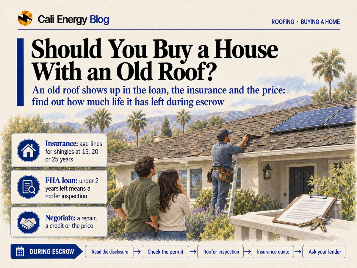 Watercolor-style illustration of a couple in the yard of a one-story Southern California house looking up at a worn, faded shingle roof with a few solar panels, while a roofer on a ladder at the eave lifts a shingle; a clipboard and house keys rest on the porch rail