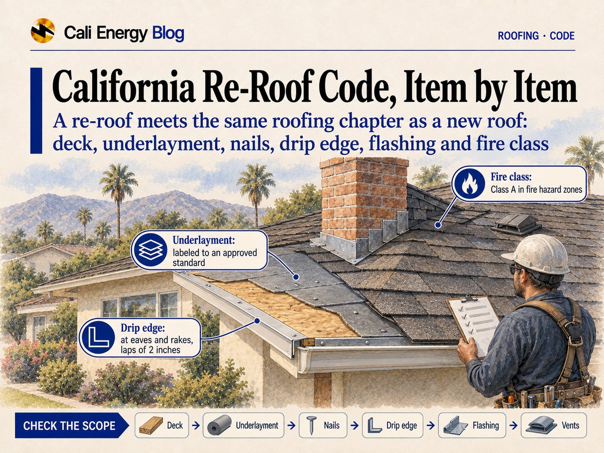 Watercolor-style illustration of the eave corner of a Southern California shingle roof in layers: plywood deck, gray underlayment, metal drip edge, nailed shingles, step flashing at a brick chimney and a low-profile vent, with a roofer checking the work against a clipboard checklist