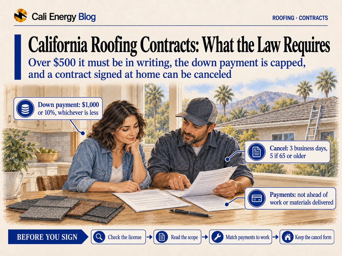 Watercolor-style illustration of a homeowner and a roofer at a kitchen table in a Southern California house, reading a multi-page contract with shingle samples and a pen on the table and a roof with a ladder visible through the window
