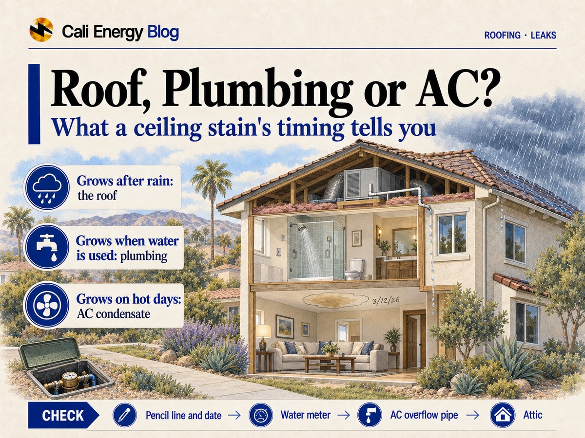 Watercolor cutaway of a two-story Southern California house with a dated pencil outline around a water stain on the first-floor ceiling, a shower above it, an air-conditioning unit in the attic with an overflow pipe dripping over a window, rain on the roof and an open water meter box by the walk