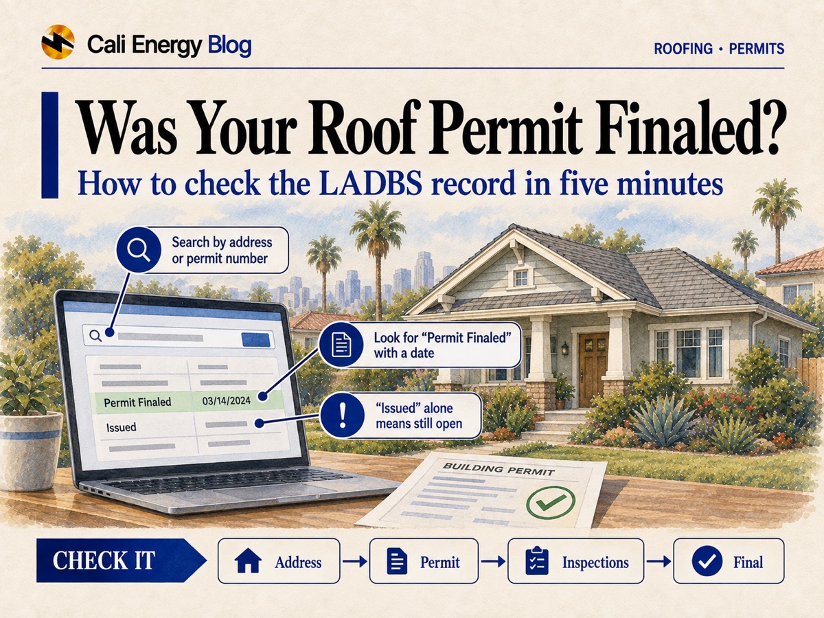 Illustration of a Los Angeles craftsman house with a new roof, a laptop showing a permit record with a highlighted Permit Finaled line and a building permit sheet with a check mark