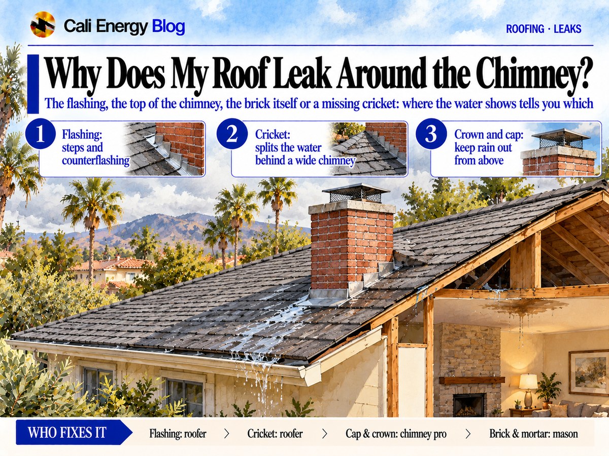 Watercolor-style illustration of a Southern California house with a brick chimney on a shingle roof, showing step flashing along its side, a cricket behind it and a cap on the flue, and a cutaway room with a water stain on the ceiling near the fireplace