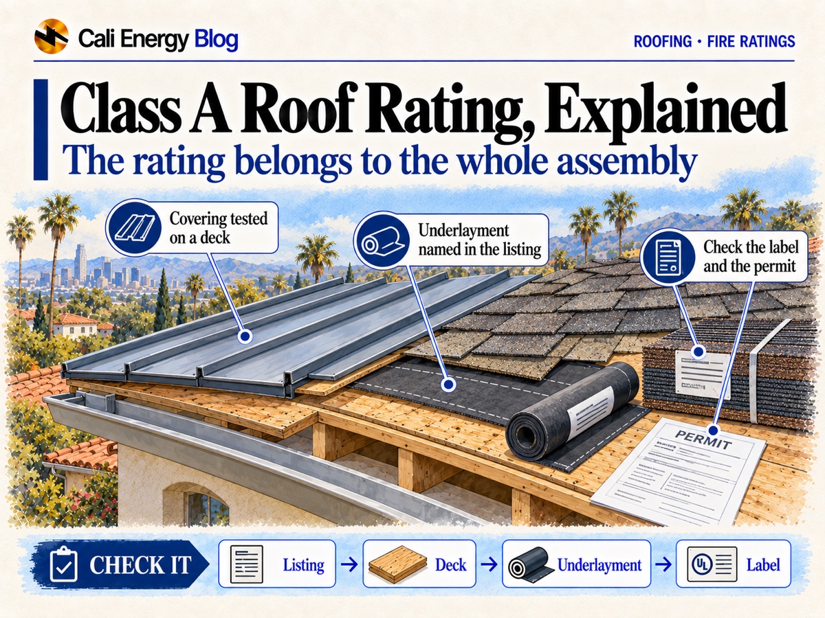 Illustration of a roof edge cut away to show the wood deck, a roll of underlayment and both a standing-seam metal panel and asphalt shingles, with a labeled shingle bundle and a permit beside them