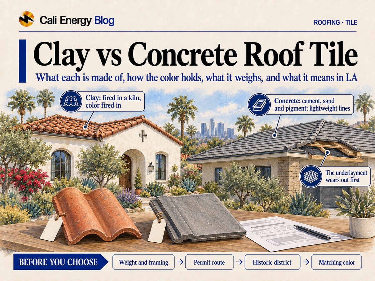 Watercolor-style illustration of a Spanish-style Southern California house with a terracotta clay S-tile roof beside a house with flat gray concrete tile, with a clay tile and a concrete tile on a table in the foreground