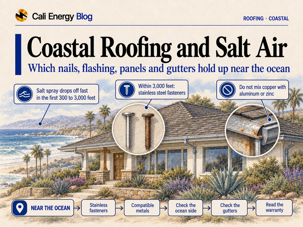 Watercolor-style illustration of a one-story Southern California house with a shingle roof, metal flashing and gutters near the ocean, with surf, palms and a light marine haze behind it, and two close-up insets: a bright stainless steel roofing nail beside a rusted one, and a rust-stained metal roof edge