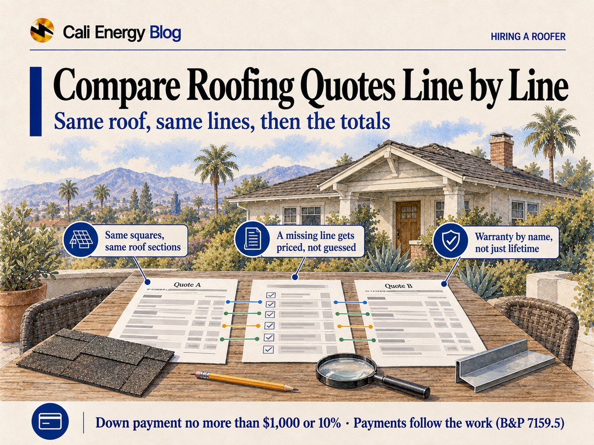 Watercolor-style illustration of a porch table in front of a Los Angeles bungalow with two roofing quotes, Quote A and Quote B, their lines connected by colored threads to a checklist between them, with a pencil, a magnifying glass, a shingle sample and a piece of drip edge, with palms and mountains behind