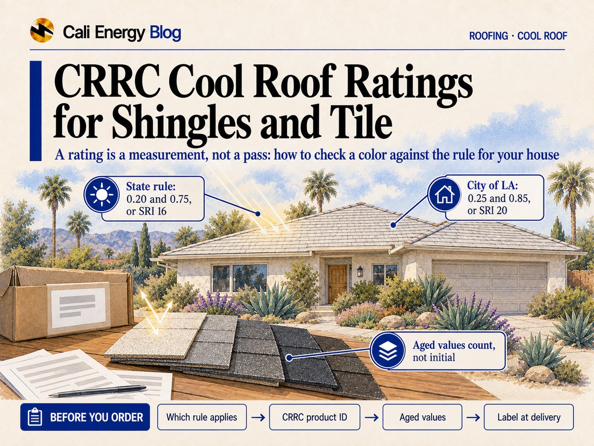 Watercolor-style illustration of a one-story Southern California house with a light new shingle roof in bright sun, a fan of shingle samples from light to dark gray and a box with a blank label on a table in the foreground