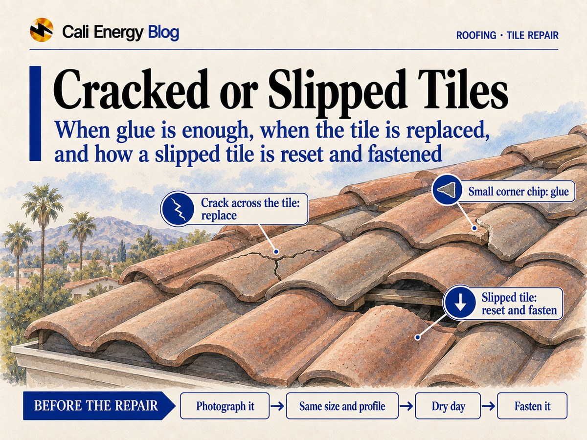 Watercolor illustration of a Southern California tile roof with one tile cracked across, one with a small chipped corner and one slipped down out of its course, leaving a gap, with palm trees and hills behind