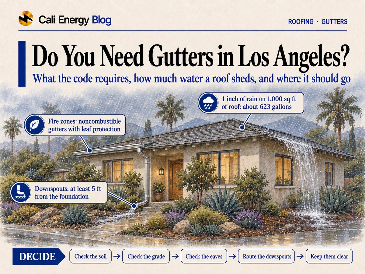 Watercolor-style illustration of a one-story Los Angeles house in the rain, with a metal gutter and downspout carrying water away on one side and water pouring off the eave without a gutter onto the ground by the foundation on the other, with palms and mountains behind