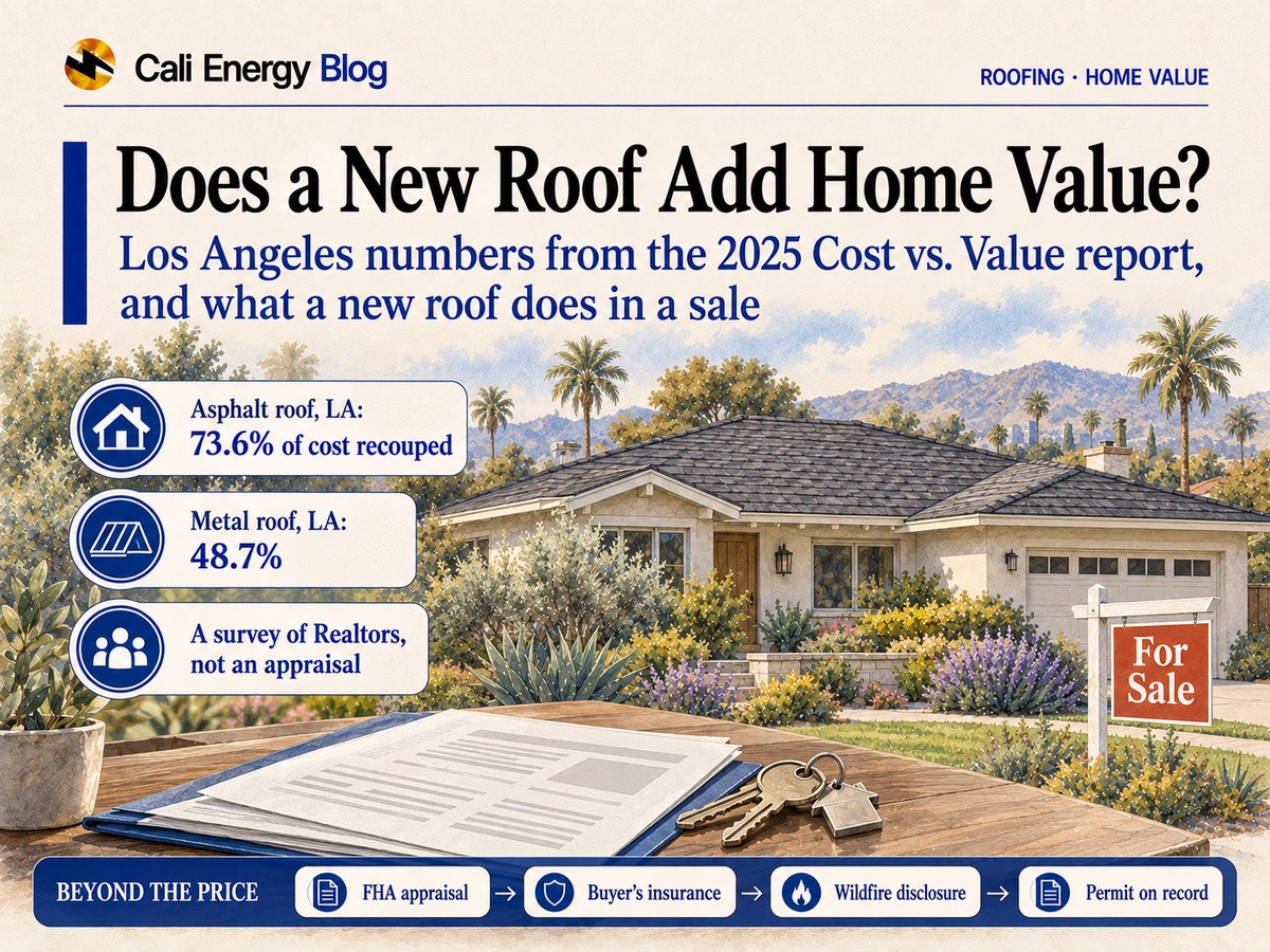 Watercolor illustration of a one-story Southern California house with a new shingle roof and a For Sale sign on the lawn, with a folder of papers and house keys on a table in the foreground