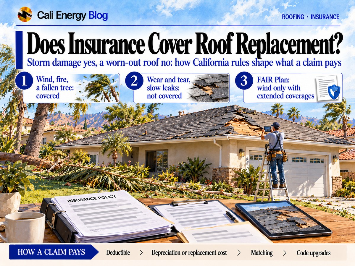 Watercolor-style illustration of a one-story Southern California house after a windstorm, with shingles torn from one slope, palm fronds on the lawn, a roofer photographing the damage from a ladder and an insurance policy binder on a table in the foreground