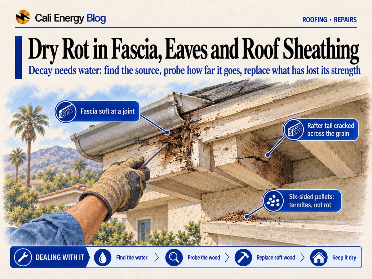 Watercolor-style illustration of a Southern California eave with a soft, rotted section of fascia below a gutter, a rafter tail cracked across the grain, a gloved hand probing the wood with a screwdriver, and a small pile of termite pellets on the ledge below