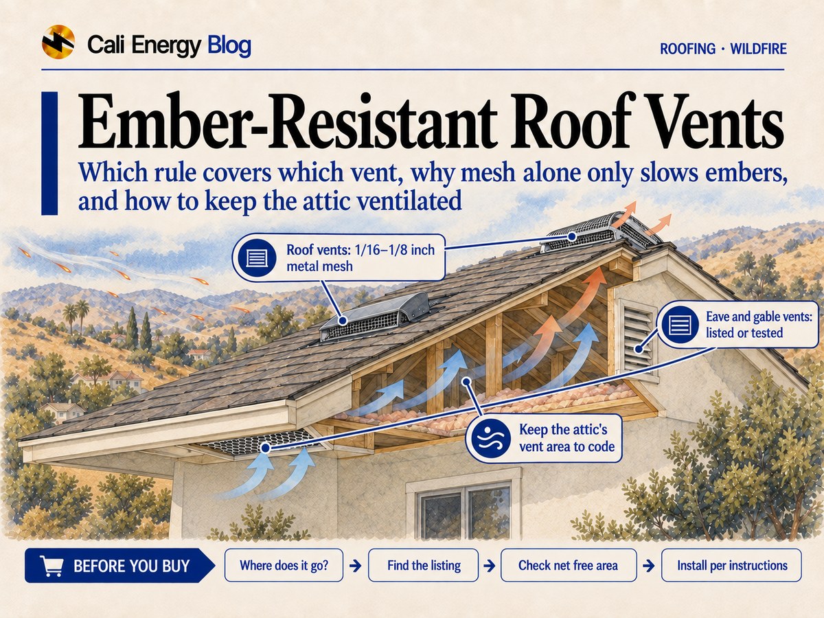 Watercolor illustration of a cutaway shingle roof on a hillside house with embers blowing toward it, a meshed metal vent on the roof slope, a louvered gable vent, a soffit vent at the eave and arrows showing air moving through the attic