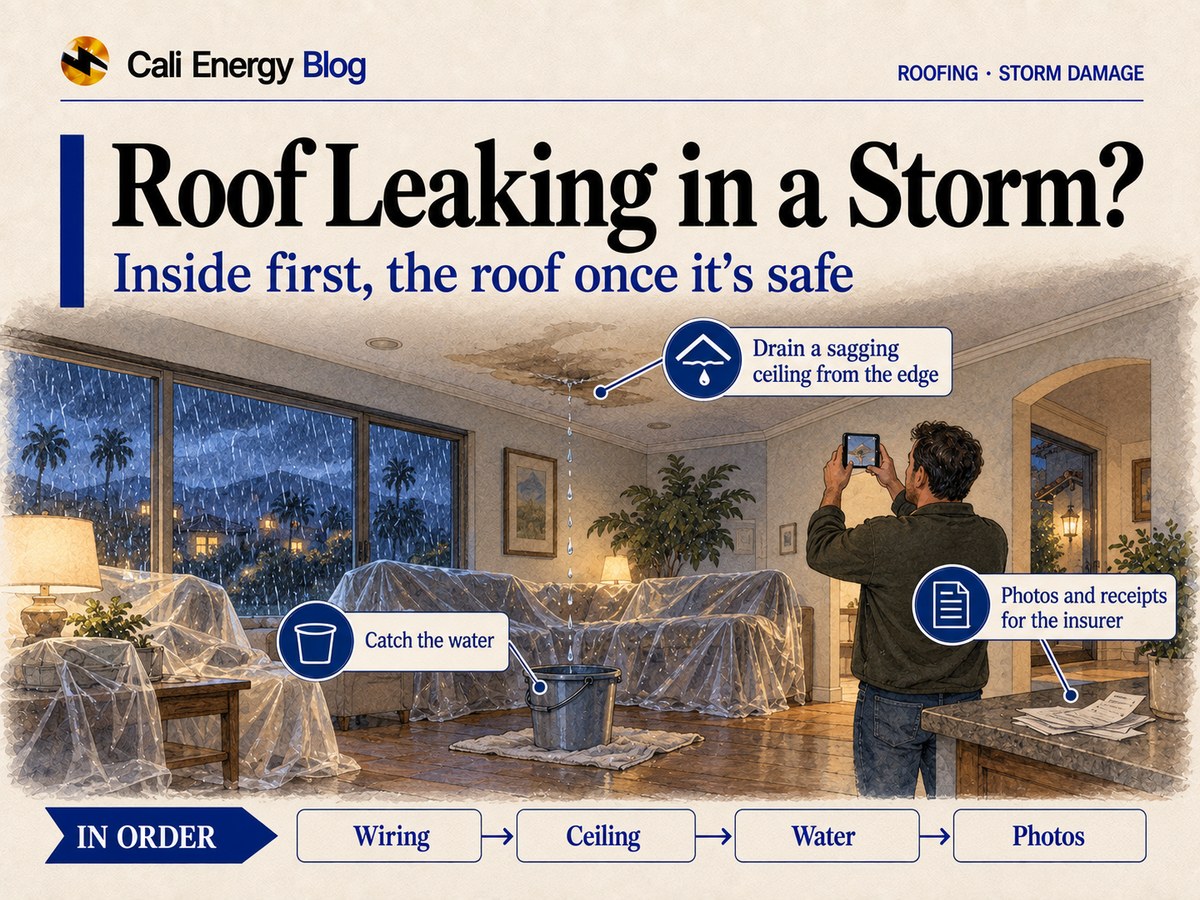 Watercolor illustration of a Southern California living room on a stormy night, with water dripping from a stained ceiling into a bucket, furniture covered in plastic sheeting and a homeowner photographing the damage from a doorway