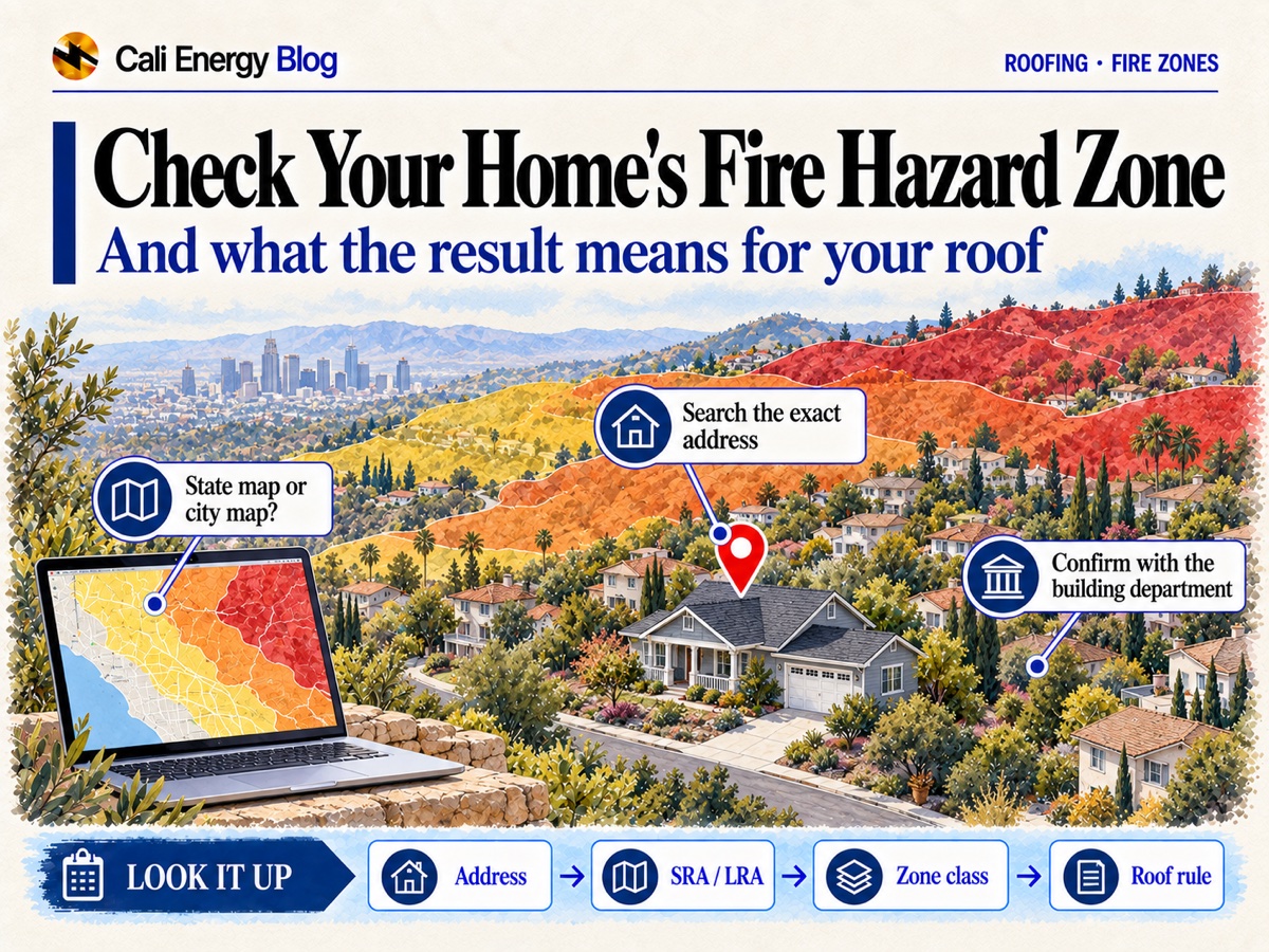 Illustration of a Los Angeles hillside neighborhood with yellow, orange and red bands over the hills for Moderate, High and Very High fire zones, a map pin on one house and a laptop showing a zone map