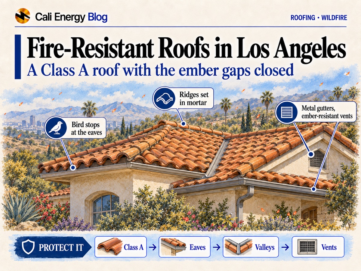 Illustration of a Los Angeles hillside house with a clay tile roof as embers drift toward it: bird stops close the tile ends at the eaves, the ridges are set in mortar, and the metal gutters and screened vent are clear