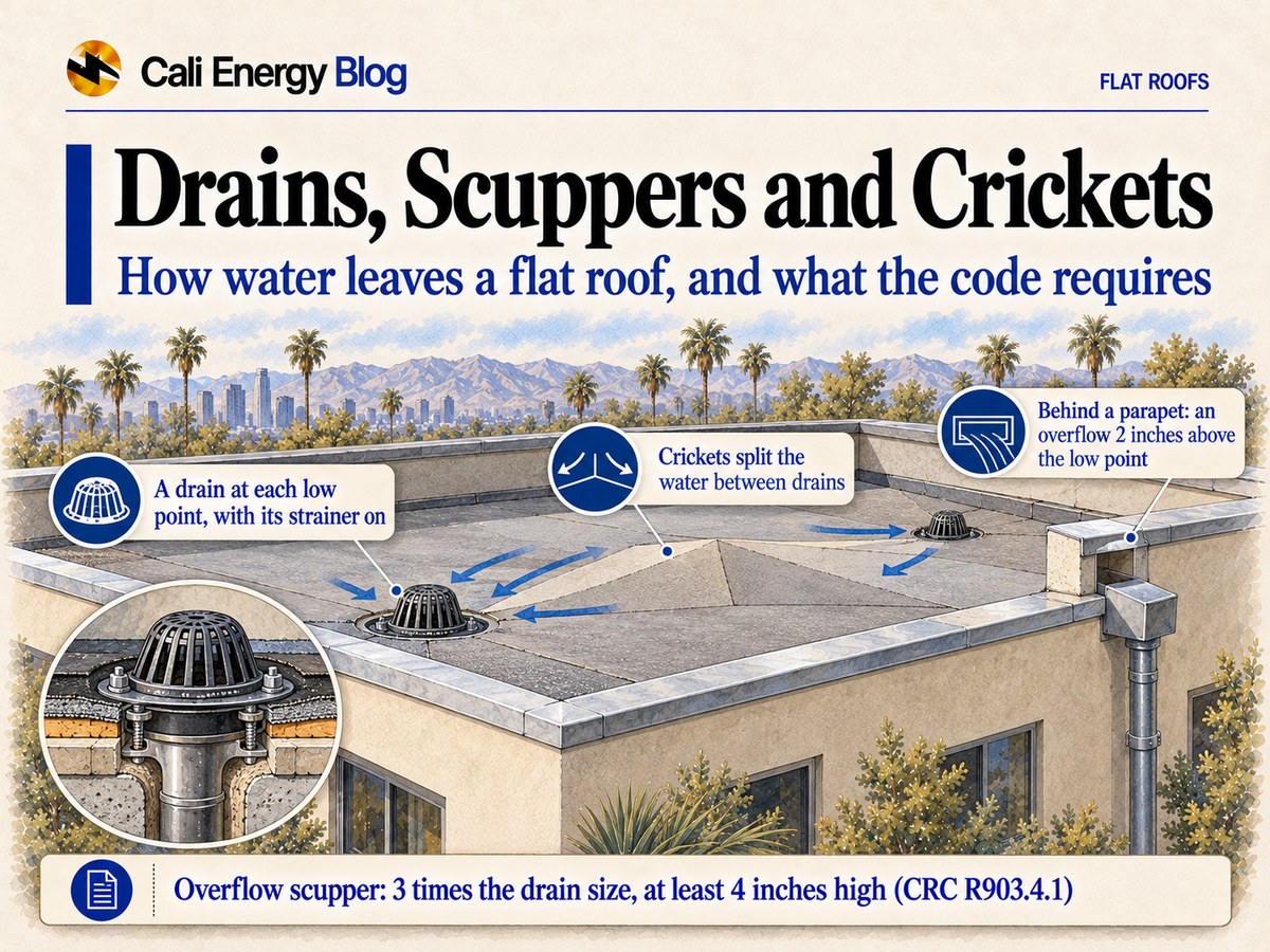 Watercolor-style illustration of a flat roof behind a parapet in Los Angeles with an interior drain and its dome strainer at a low point, a cricket splitting the flow between two drains, an overflow scupper through the parapet into a collector box and downspout, and a cutaway of the drain bowl with its bolted clamping ring, with palms and mountains behind