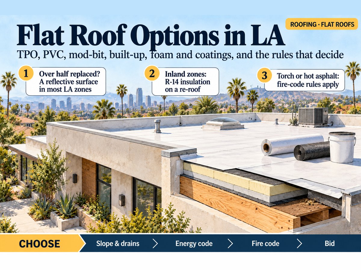 Illustration of a Los Angeles house with a flat roof behind a parapet, a cutaway corner showing the wood deck, rigid insulation and white membrane, and rolls of roofing and a coating bucket on the roof