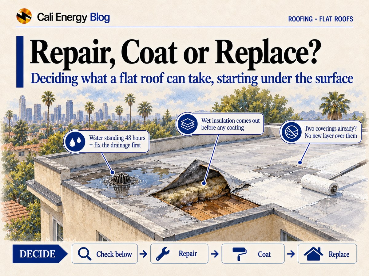 Watercolor illustration of an LA flat roof behind a parapet with water standing at a drain, a cut-open section showing wet insulation over the wood deck, and a roller applying a white coating