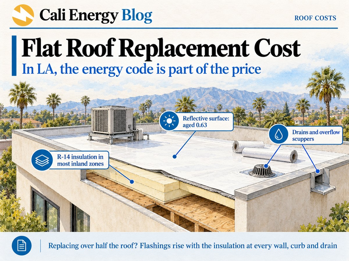 Watercolor-style illustration of a Los Angeles flat roof behind a parapet, cut away at one corner to show the wood deck, rigid insulation boards and a white membrane, with a roof drain, an overflow scupper through the parapet, an air conditioner on its stand and rolls of membrane, with palms and mountains behind