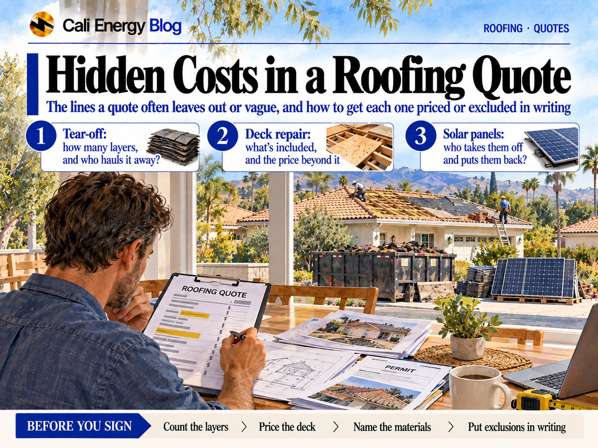 Watercolor illustration of a homeowner at a table marking lines on a roofing quote, with a house outside partly stripped to the deck, a debris bin in the driveway and removed solar panels stacked nearby