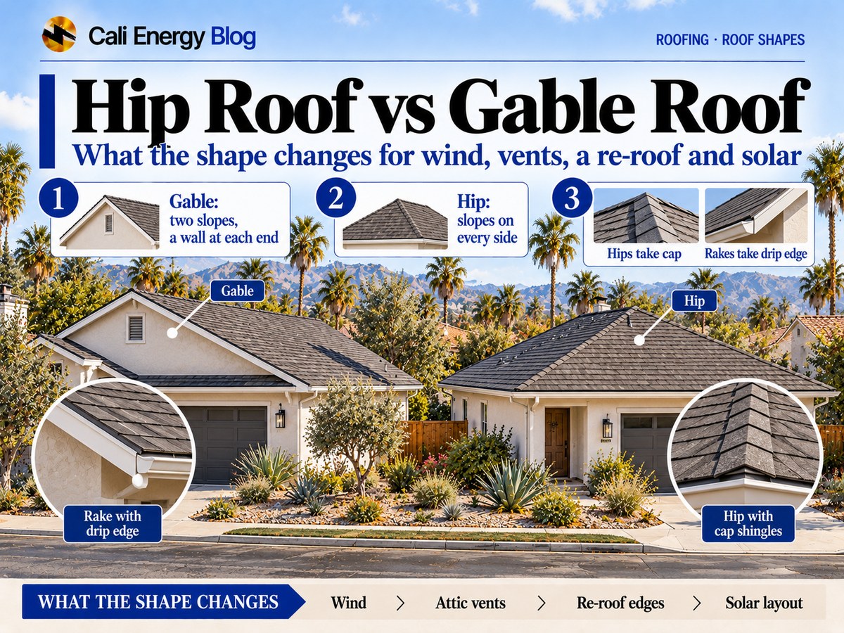 Illustration of two neighboring Southern California stucco houses with composition shingle roofs, one with a gable roof and a vented gable wall, the other with a hip roof sloping on every side, with close-ups of a rake with drip edge and a hip with cap shingles