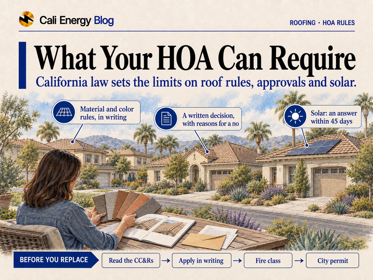 Watercolor illustration of a Southern California planned community with matching tile roofs, a homeowner at a table holding roof color samples beside a folder of roof drawings and an envelope, and solar panels on a neighbor's roof