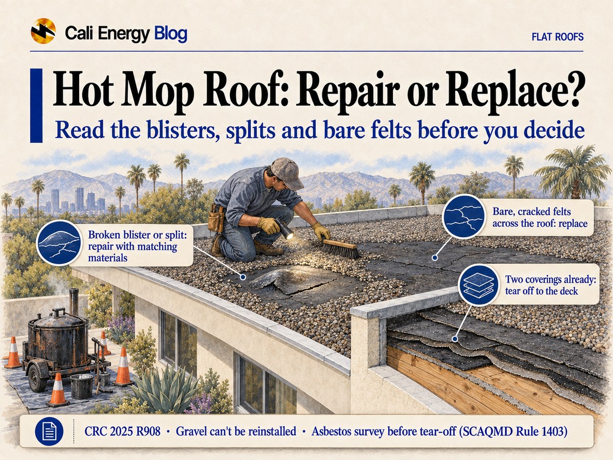 Watercolor-style illustration of a flat gravel-surfaced hot mop roof on a one-story Los Angeles house, with a roofer kneeling with a flashlight and brush beside a broken blister and cracked black felts, a cutaway showing layers of felt over a wood deck, and an asphalt kettle on the ground behind traffic cones, with palms and mountains behind