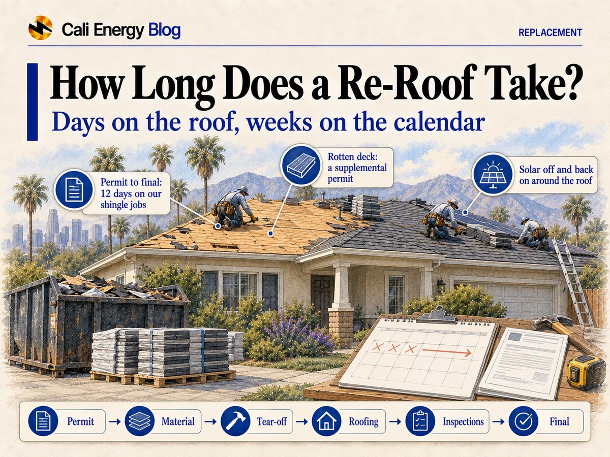 Watercolor-style illustration of a one-story Los Angeles house mid re-roof, half the roof stripped to new plywood and roofers laying gray shingles on the other half, with a debris bin and pallets of shingle bundles in the drive and a clipboard calendar beside a permit card, with palms and mountains behind