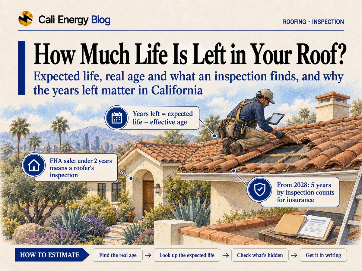 Watercolor illustration of a roofer in a safety harness lifting clay tiles on a Southern California house to see the underlayment beneath, holding a tablet, with a folder of papers and a ladder at the roof edge