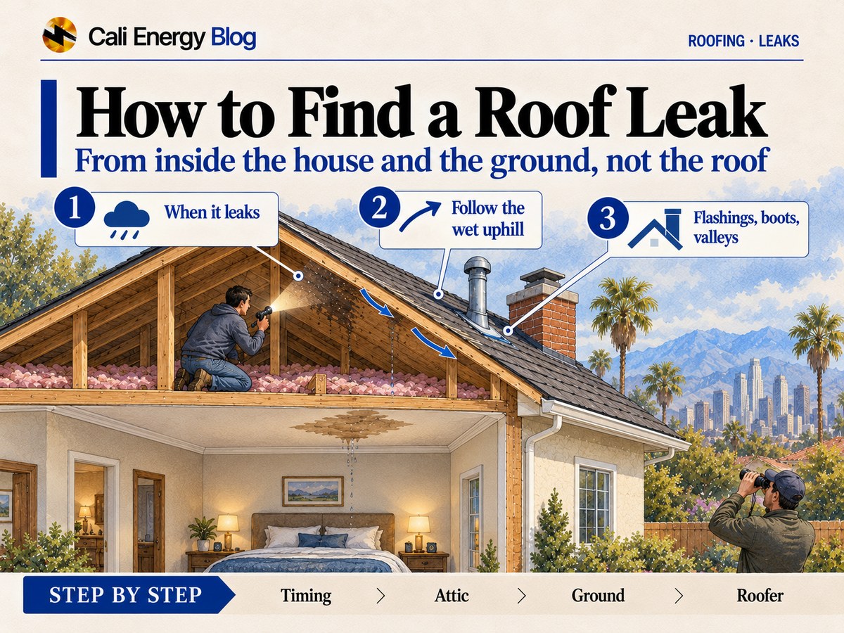 Watercolor cutaway of a Southern California house with a homeowner in the attic following a water trail up the roof deck with a flashlight, a stain on the bedroom ceiling below, and a second person outside looking at the roof through binoculars