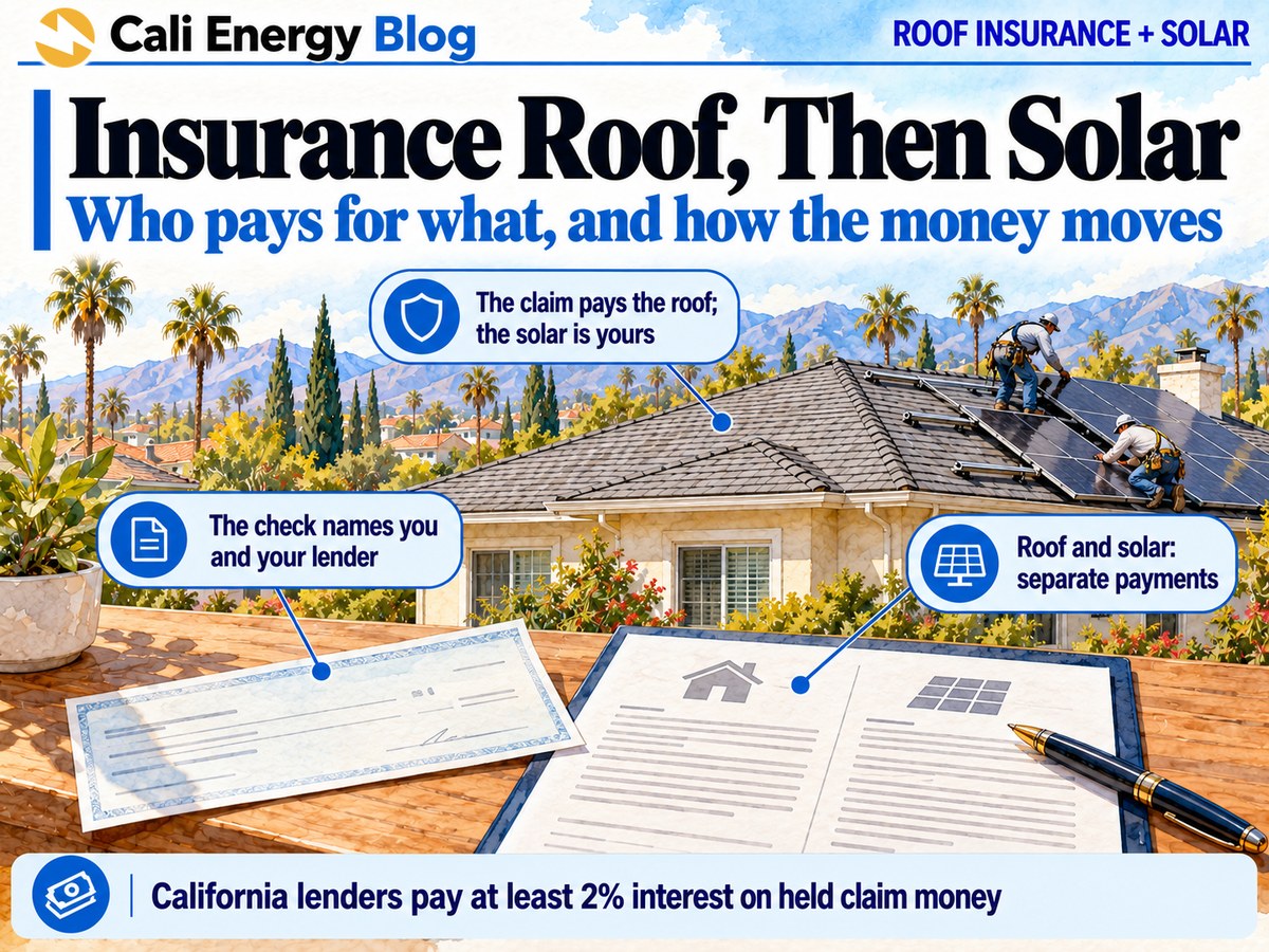 Watercolor-style illustration of a Los Angeles house with a new gray shingle roof where two installers are mounting black solar panels on rails, with an insurance check and a two-part contract on a table in front, palms and mountains behind