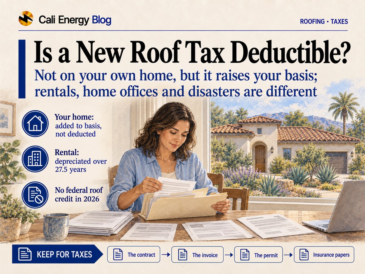 Watercolor illustration of a homeowner at a table sorting roof papers into a folder, with a tile-roofed Southern California house outside the window