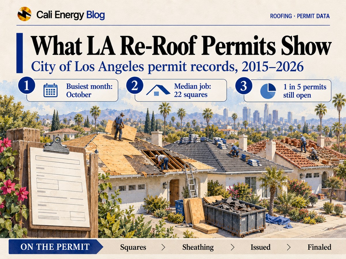 Watercolor illustration of a Los Angeles street with three one-story houses being re-roofed, one stripped to the plywood deck, one getting composition shingles and one clay tile roof being relaid, with a blank permit form on a clipboard in the foreground